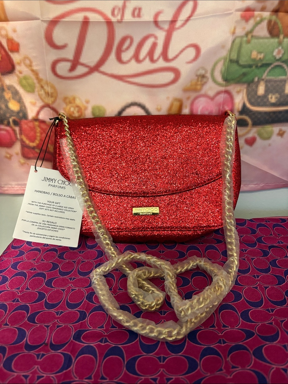 Jimmy Choo Red Glitter Crossbody with Gold Chain